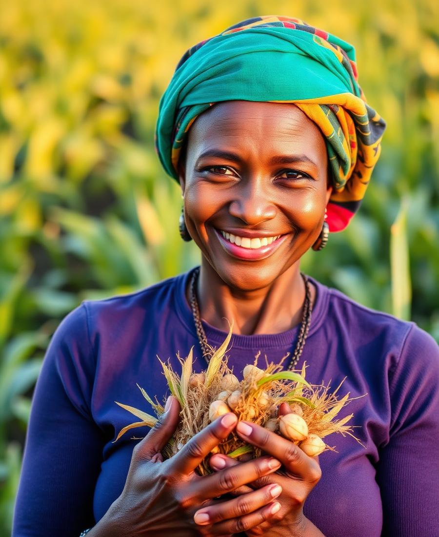 Smiling Nigerian woman farmer holding a fresh harvest