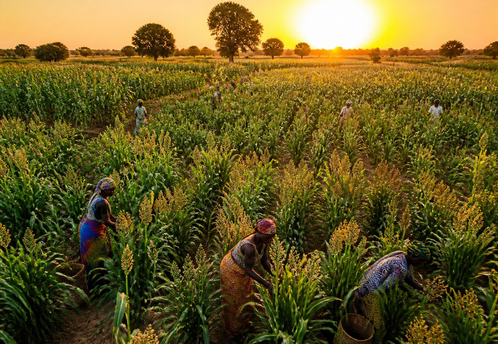 African farmers harvesting sorghum at sunset in northern Nigeria