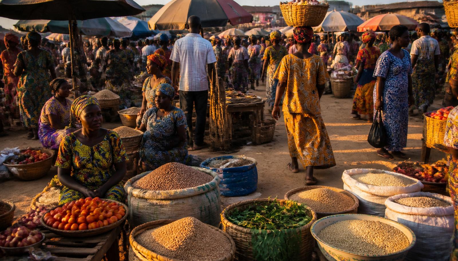 Vibrant West African open-air market with traders and baskets of grain
